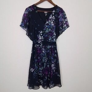 DKNY Dress Blue Sz 6‎ Chiffon Blouson Mini Sleeveless Flutter Summer Party